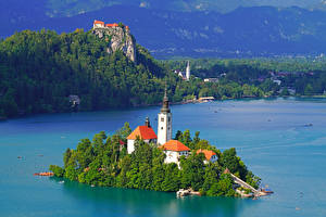 桌面壁纸，，斯洛文尼亚，湖泊，岛，城堡，Lake Bled，