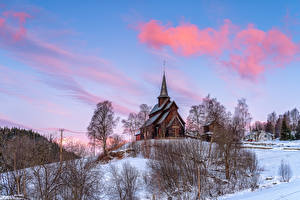 Картинка Норвегия Церковь Снег Дерево Valdres