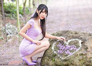 Wallpapers Asian Stones Bokeh Brunette girl Heart Petals Hands Gown Legs Beautiful young woman