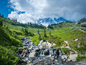 Papel de Parede Desktop EUA Parque Montanhas Pedra Nuvem Córrego Mount Rainier National Park Naturaleza