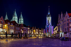 桌面壁纸，，比利时，建筑物，廣場，晚上，Tournai，