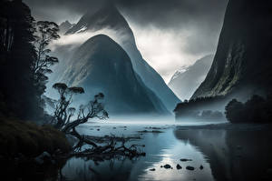 Bilder Gebirge Nebel Fjord Wolke