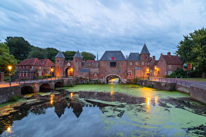 桌面壁纸，，荷兰，池塘，房屋，橋，要塞，Amersfoort, Koppelpoort，