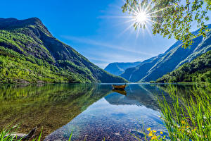 Hintergrundbilder Norwegen Berg Boot Fjord Sonne Skjolden