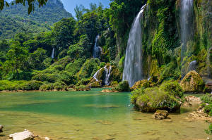 Фотографии Вьетнам Горы Скала Ban Gioc water Falls Природа