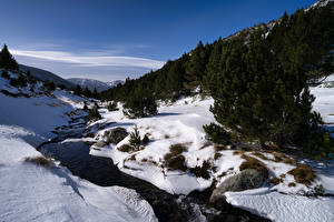 桌面壁纸，，安道尔，山，河流，冬季，雪，Vall d'Incles，大自然