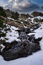 桌面壁纸，，安道尔，山，石，岩，雪，溪，Incles Valley，大自然