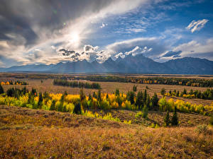 Fotos USA Berg Herbst Parks Sonne Wolke Grand Teton National Park Natur