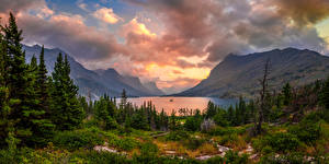 Фотографии США Парки Горы Озеро Пейзаж Облака Glacier National Park