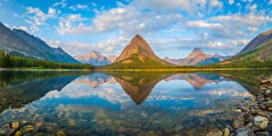 Фото США Парки Горы Озеро Пейзаж Облака Отражается Glacier National Park