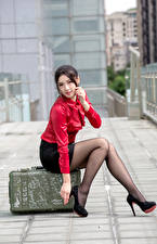 Wallpaper Asian Suitcase Sit Legs Pantyhose High heels Skirt Blouse Girls