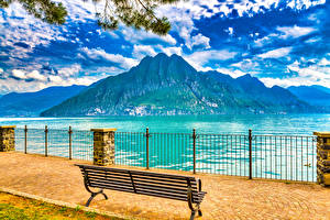 Фотография Горы Озеро Италия Набережная Скамейка Lago d'Iseo Города