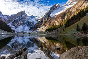 Tapety na pulpit Szwajcaria Jezioro Pejzaż Alpy Odbicie Seealpsee Natura