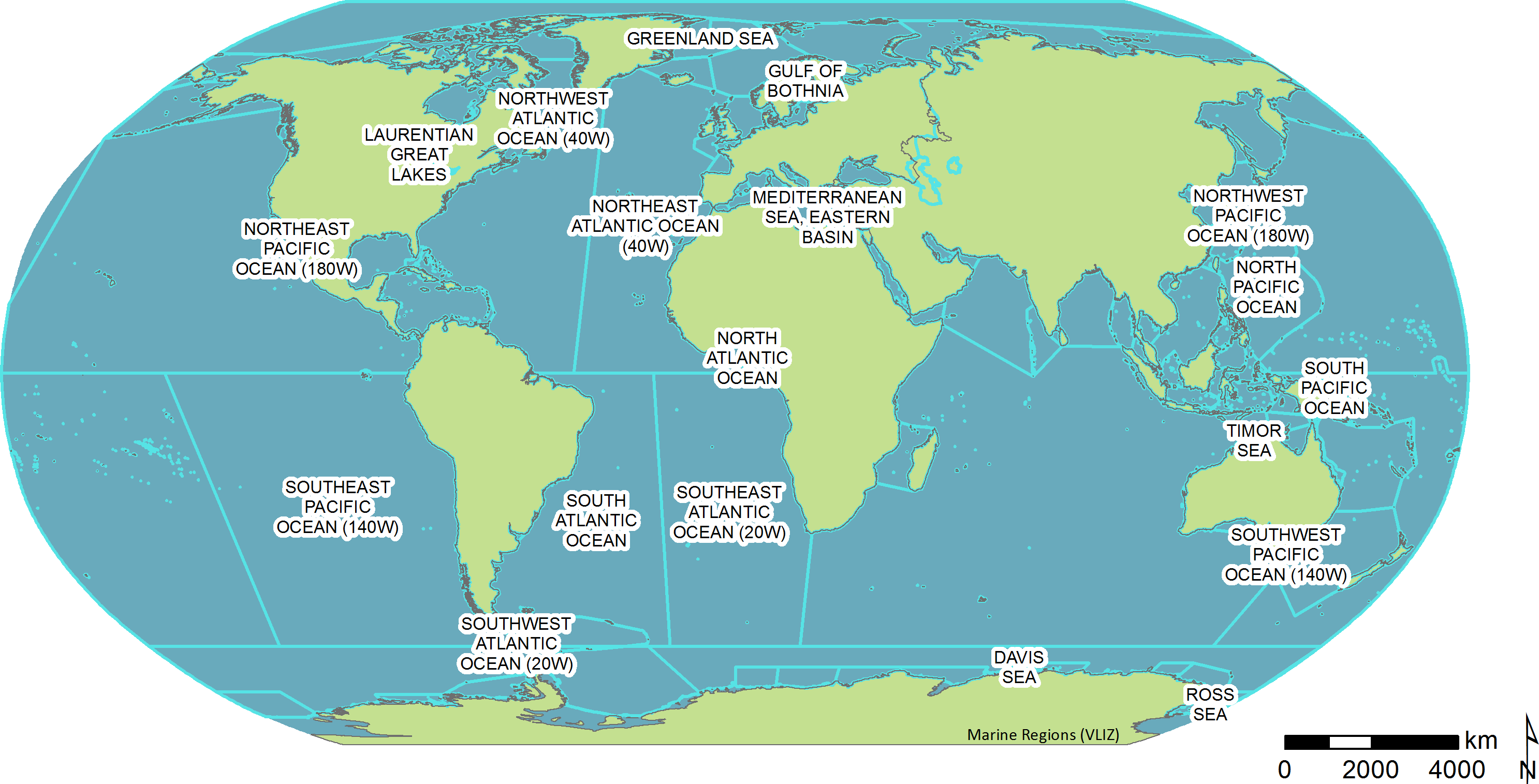 Labeled Bodies Of Water World Map - United States Map