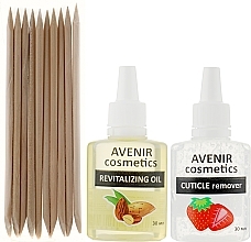 Nagu kopšanas komplekts Avenir Cosmetics (remover/30ml + nail oil/30ml + sticks/10pcs)