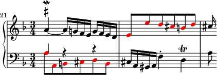 
{
#(set-global-staff-size 16)
      \new PianoStaff <<
        \new Staff <<
            \relative c'' {
                \set Score.currentBarNumber = #21
                \set Score.proportionalNotationDuration = #(ly:make-moment 1/8)

                \bar ""
                \clef treble \key d \minor \time 3/4
                \once \override TextScript.script-priority = #-100 a4~^\mordent^\markup { \sharp } a16 g! f e g f e d
                \override NoteHead.color = #red \stemUp e8 e' d cis b d 
                \override NoteHead.color = #black cis16
                }
            >>
        \new Staff <<
           \clef bass \key d \minor \time 3/4
           \new Voice \relative c' {
                \override NoteHead.color = #red a8 a, b cis d b
                \override NoteHead.color = #black cis16 a gis a f'4-. d\trill a'8
                }
           \new Voice \relative c' {
                \stemUp \override NoteHead.color = #red a4 r r
                }
            >>
    >> }
