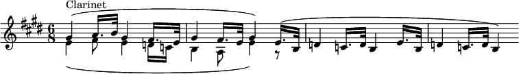 
  \new Staff <<
    \new Voice \relative c'' {
      \set Score.tempoHideNote = ##t \tempo 8 = 60
      \key e \major
      \time 6/8
      \clef treble
      \set Staff.midiInstrument = "clarinet"
      \bar ""
      \stemUp
      gis4^(^\markup "Clarinet" a16. b32 gis4 fis16. e32
      gis4 fis16. e32 gis4) e16.^( b32
      d4 c16. d32 b4 e16. b32
      d4 c16. d32 b4)
    }
  \new Voice \relative c' {
      \tempo "Andante moderato"
      \set Score.tempoHideNote = ##t \tempo 8 = 60
      \key e \major
      \time 6/8
      \clef treble
      \set Staff.midiInstrument = "clarinet"
      \bar ""
      \stemDown
      e4_( fis8 e4 d16 c
      b4 a8 e'4) r8
    }
  >>
