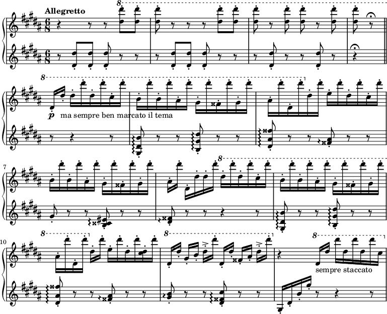 
  \new PianoStaff <<
    \new Staff {
      \tempo "Allegretto"
      \clef treble \time 6/8 \key gis \minor
      \relative d''' {
        r r8 r8 \ottava #1 <dis dis'>-. <dis dis'>-.
        <dis dis'>-. r r r <dis dis'>-. <dis dis'>-.
        <dis dis'>-. r <dis dis'>-. <dis dis'>-. r <dis dis'>-.
        <dis dis'>-. r \fermata \bar "||"
            dis,16-. \p dis'-. -"ma sempre ben marcato il tema" dis-. dis'-. dis,-. dis'-. cis,-. dis'-.
        b,16-. dis'-. b,-. dis'-. ais,-. dis'-. gis,,-. dis''-. fisis,,-. dis''-. gis,,-. dis''-.
        ais,-. dis'-. dis,,-. dis''-. \ottava #0 dis,,-. dis'-. e,-. dis'-. dis,-. dis'-. cis,-. dis'-.
        b,16-. dis'-. b,-. dis'-. ais,-. dis'-. gis,,-. dis''-. fisis,,-. dis''-. gis,,-. dis''-.
        ais,-.[ dis'-.] dis,,-. dis'-. dis-. dis'-. \ottava #1 dis-. dis'-. dis,-. dis'-. cis,-. dis'-.
        b,16-. dis'-. b,-. dis'-. ais,-. dis'-. gis,,-. dis''-. fisis,,-. dis''-. gis,,-. dis''-.
        ais,-. dis'-. dis,,-. dis''-. \ottava #0 dis,,-.[ dis'-.] e,-. dis'-. dis,-. dis'-. <cis, dis-.> dis'-.
        \ottava #1 dis,-.[ dis'-.] gis,-.[ b-.] dis-.->[ dis'-.]
        dis,,-.[ dis'-.] fisis,-.[ ais-.] dis-.->[ dis'-.]
        \ottava #0 r4 \ottava #1 dis=''16 -"sempre staccato" dis' dis' dis, dis' dis, dis' cis,
      }
    }
    \new Staff {
      \clef bass \time 6/8 \key gis \minor
      \relative d' {
        \clef treble
        r8 <dis dis'>-. <dis dis'>-. <dis dis'>-. r r
        r <dis dis'>-. <dis dis'>-. <dis dis'>-. r r
        r <dis dis'>-. r r <dis dis'>-. r
        r4 \fermata \bar "||" r8 r4 r8
        <gis= dis' b'>8-.\arpeggio r r <b= gis' dis'>-.\arpeggio r r
        <dis=' ais' fisis'>-.\arpeggio r r <fisis=' ais>-.\arpeggio r r
        gis-. r r <b= cisis eis>-.\arpeggio r r
        <dis fisis>-.\arpeggio r r r4 r8
        <gis= dis' b'>8-.\arpeggio r r <b= gis' dis'>-.\arpeggio r r
        <dis=' ais' fisis'>-.\arpeggio r r <fisis=' ais>-.\arpeggio r r
        <gis b>-.\arpeggio r r <dis=' fisis cis'>-.\arpeggio r r
        gis=16-. dis'-. b'-. gis'-. r8 r4 r8
      }
    }
  >>
