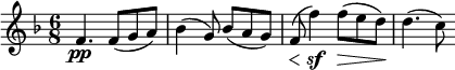  
    \relative c' {
        \set Score.tempoHideNote = ##t \tempo 8 = 84
        \set Staff.midiInstrument = #"violin"
        \set Score.currentBarNumber = #37
        \key f \major
        \time 6/8
       
        f4.\pp f8( g a)
        bes4( g8) bes( a g)
        \override DynamicLineSpanner.staff-padding = #2
        f(\< f'4)\sf f8(\> e d)\!
        d4.( c8)
    }
