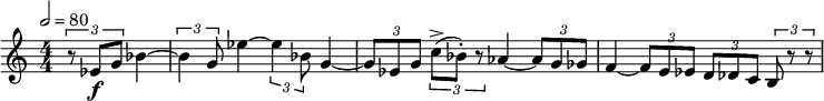  \relative c' { \set Staff.midiInstrument = #"french horn" \clef treble \numericTimeSignature \time 4/4 \tempo 2 = 80 \partial 4*2 \times 2/3 { r8 ees\f g } bes4~ | \times 2/3 { bes4 g8 } ees'4~ \times 2/3 { ees4 bes8 } g4~ | \times 2/3 { g8 ees g } \times 2/3 { c->( bes-.) r } aes4~ \times 2/3 { aes8 g ges } | f4~ \times 2/3 { f8 e ees } \times 2/3 { d des c } \times 2/3 { b r r } } 