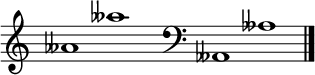 
\new Staff \with
{
  \omit TimeSignature
  fontSize = #2
  \override StaffSymbol.staff-space = #1.25
  \override StaffSymbol.thickness = #1.25
  \override Clef.full-size-change = ##t
  \override BarLine.hair-thickness = #2.4
  \override BarLine.thick-thickness = #7.5
  \override BarLine.kern = #3.75
  \override BarLine.transparent = ##t
}
{
  \time 18/8
  \clef treble
  s8
  ases'1 ases''
  s8
  \grace s8
  \clef bass
  \bar "|"
  s8
  ases,1 ases
  \override Staff.BarLine.transparent = ##f
  \bar "|."
}
