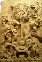 An aniconic representation of Mara's assault on the Buddha, with an empty throne, 2nd century, Amaravati, India.[9]