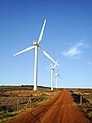 Trois éoliennes au bord d'une route terreuse.