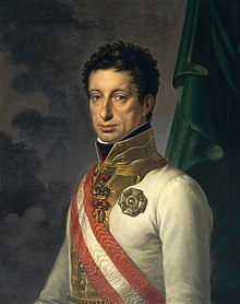 A colored portrait of Archduke Charles of Habsburg-Teschen. He is in all-white, and brandished a sash that is in the colors of the flag of Austria (Red, White, and Red). He looks with a blank expression.