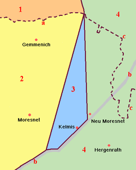 ■ Limburg (Nederland) ■ Luik (België, voorheen Nederland) ■ Neutraal Moresnet ■ Rijnprovincie (Pruisen)