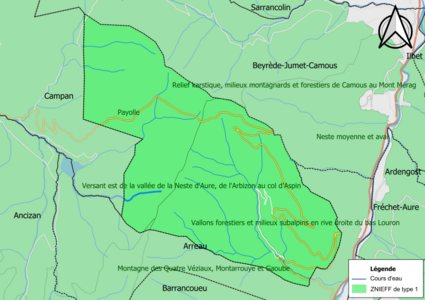 Carte des ZNIEFF de type 1 sur la commune.