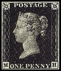 Victoria on the One Penny Black, the first official stamp