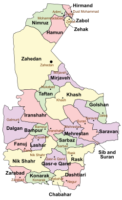 Location of Saravan County in Sistan and Baluchestan province (right, purple)