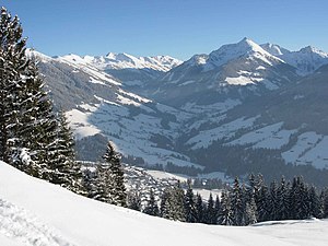 Vy över Alpbachtal vintertid.