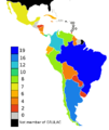 Membres du groupe latino-américain et Caraïbes colorés selon le temps qu'ils avaient passé au Conseil de sécurité à la date de 2010.