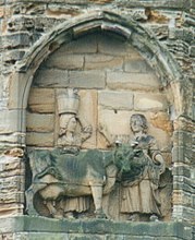 A legend claims that monks carrying the body of Saint Cuthbert were led by a milk maid who had lost her dun cow. They built Durham Cathedral where it was found.[175]