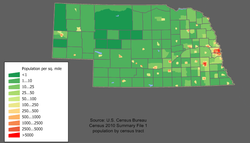 Map of state: mostly one to twenty-five people per square mile, with density increasing as one moves eastward