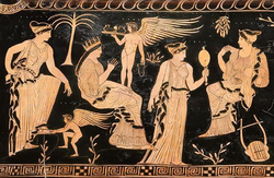 Décoration d'un vase montrant Eurynomé, Himéros, Hippodamie, Éros, Iaso, et Astéria, conservé au Musée des Beaux-Arts (Boston), IVe siècle av. J.-C.