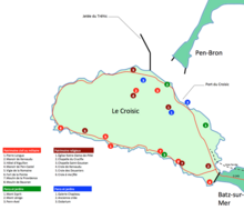 Carte d’une presqu’île avec des points de couleur indiquant la localisation du patrimoine.