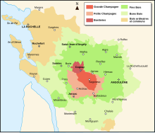 Carte des différentes zones de production du Cognac et du Pineau dans les deux Charentes : Semussac est en bois ordinaires