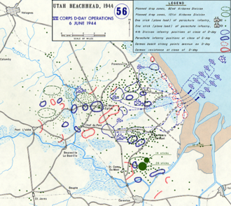 Positions at close of D-Day. Brown color: beach.