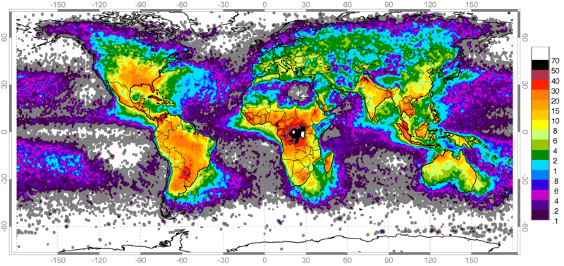 Aantal ontladingen per km²/jaar (bron: NASA) Merk op: In de poolgebieden komt bliksem maar zelden voor.