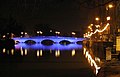 The town bridge at night.