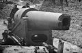 A 10-inch (300-pounder) Parrott Rifle on Morris Island that burst in the campaign against Charleston harbor. The front sight for the gun is visible on the trunnion.