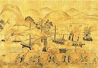 Japanese cannons shooting on Foreign shipping at Shimonoseki in 1863