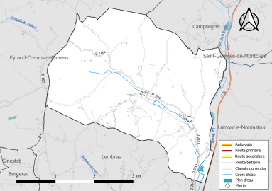 Carte en couleur présentant le réseau hydrographique de la commune