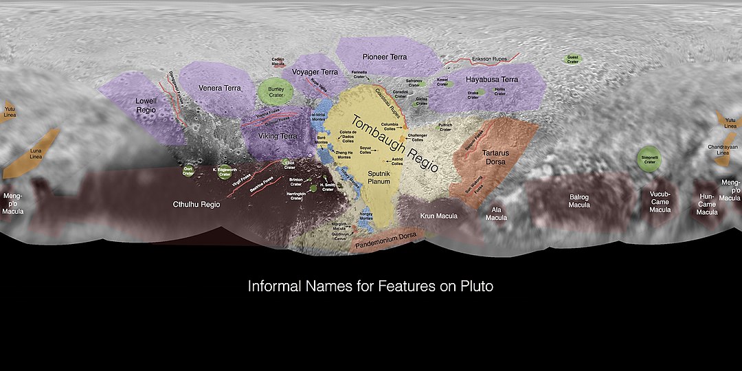 Porțiuni ale suprafeței lui Pluto cartografiate de New Horizons (adnotate)