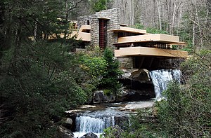 Fallingwater, a house in Stewart Township, Pennsylvania, as seen from the bottom of a nearby waterfall