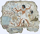 Fresco which depicts Nebamun hunting birds; 1350 BC; paint on plaster; 98 × 83 cm (2 ft 9 in) × 2 ft 8.7 in); British Museum (London)