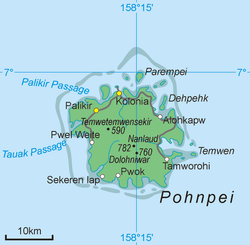 Palikir (na SZ) na zemljevidu otoka Pohnpei