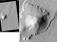 Streamlined Island in Marte Vallis, as seen by HiRISE. The enlarged image gives a good view of dark slope streaks. Island is just to the west of Pettit Crater. Scale bar is 500 meters long.